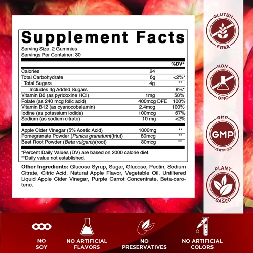 Vista 2 de Vitamatic Gomitas de vinagre de sidra de manzana, 1000 mg por porción, 60 gomitas veganas, gomitas ACV para desintoxicación, apoyo para la pérdida