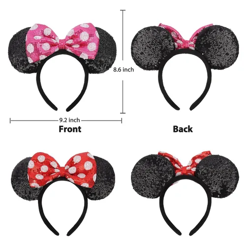 Vista 2 de Diadema de orejas de ratón, 2 piezas de diademas con lazo de lentejuelas para niñas y mujeres, decoración de fiesta de ratón y juego de roles
