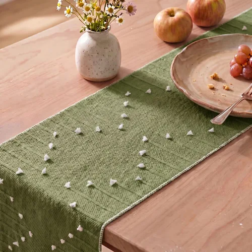 Vista 4 de Artoid Mode Camino de mesa tejido de algodón rústico verde militar, decoración de mesa de comedor para decoración de fiesta del hogar, 12 x 36