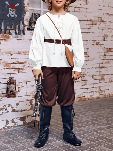 Vista 4 de Makkrom Camisa de disfraces para niño, medieval, renacentista, Halloween, jacobita escocés, Ghillie, con cordones, para niños de 5 a 14 años