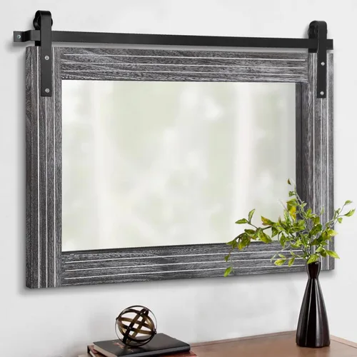 Vista 23 de AAZZKANG Espejo con marco de madera, estilo de puerta de granero, rectangular, decorativo, baño, dormitorio, tocador, decoración de pared del hogar