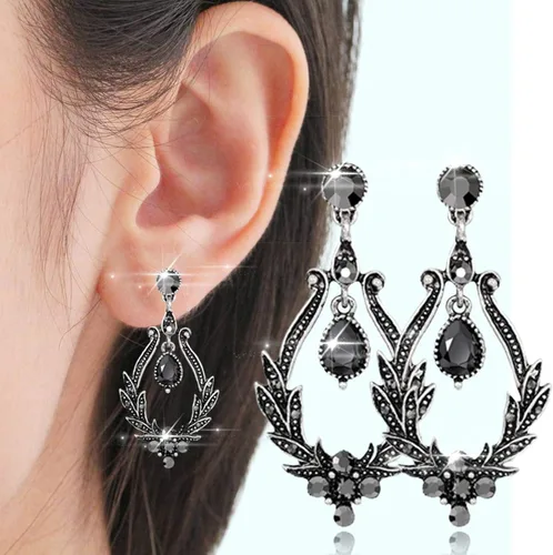 Vista 2 de Pendientes de aro con forma de gota y colgante, diseño vintage de flores huecas con diamantes de imitación, regalo para mujeres, adolescentes