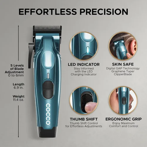 Vista 5 de Cocco Hyper Veloce Pro Clipper, Digital Gap Ambassador Graphene Taper Blade Profesional Clipper, Motor BLDC de alto par, totalmente metálico