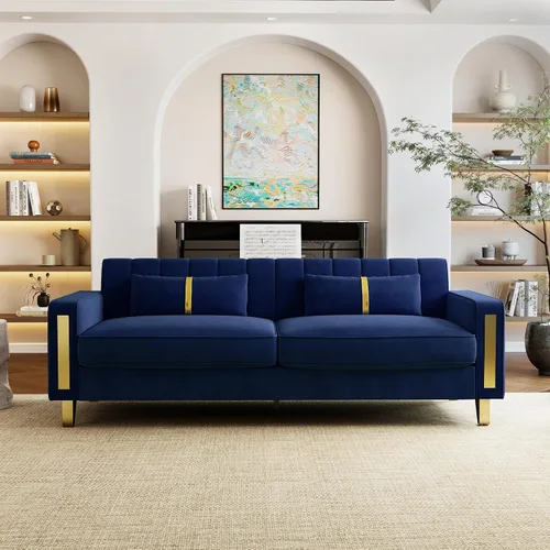 Vista 12 de Sofá de dos plazas para sala de estar, sofá de terciopelo beige de 86 pulgadas con 2 almohadas y patas de metal dorado, sofá tapizado moderno sofá