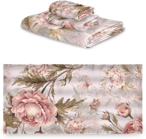 Vista 2 de Juego de toallas de baño para baño, diseño artístico de flores de peonía, hojas de flores, estilo shabby chic, juego de 3 toallas de lujo, 1 toalla