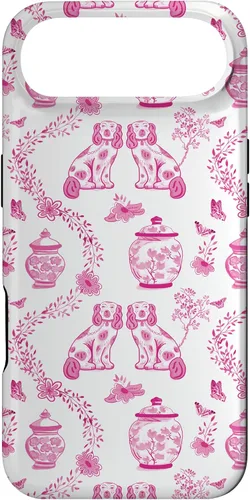 Vista 27 de Preppy - Carcasa para iPhone 16, diseño de perros y tarros de jengibre, color rosa y blanco