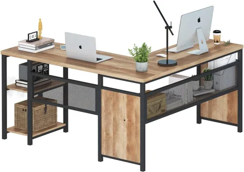 Vista 4 de FATORRI Escritorio industrial en forma de L, estantería resistente y mesa de consola para oficina en casa (roble rústico)