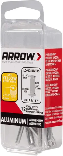 Vista 2 de Arrow RLA3/16 Remaches largos de aluminio de 3/16 pulgadas, paquete de 12, gris
