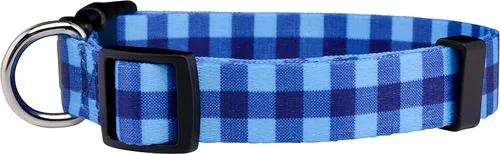 Vista 2 de Native Pup Collar de perro a cuadros, leñador rojo, tartán, azul, rosa, ajustable para perros grandes y pequeños (azul, grande)