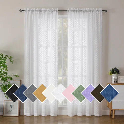 Vista 43 de Simplebrand Cortinas traslúcidas negras de cocina de 24 pulgadas de largo, 2 paneles, filtrado de luz, geométrico jacquard con textura, cortinas