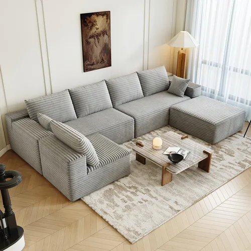 Vista 28 de Sofá modular modular de 139.4 pulgadas, sofás minimalistas en forma de L con diván de asiento medio, moderno sofá convertible de asiento profundo