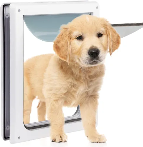 Vista 2 de Puerta corredera interior con solapa para perros, 2 maneras de bloqueo para mascotas, puerta de cristal con solapa transparente