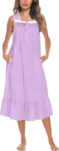 Vista 43 de YOZLY Camisones de algodón para mujer con bordado, sin mangas, con bolsillos S-XXXL
