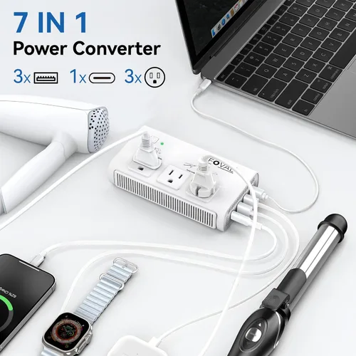 Vista 7 de Convertidor de voltaje de viaje de 220V a 110V, convertidor de potencia internacional FOVAL de 2000W para secador de pelo, alisador/rizador con 4
