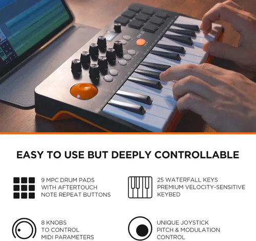 Vista 2 de Controlador de teclado MIDI Bluetooth portátil HXW, con 25 teclas, 9 almohadillas de ritmo retroiluminadas, pantalla OLED, 8 perillas, software
