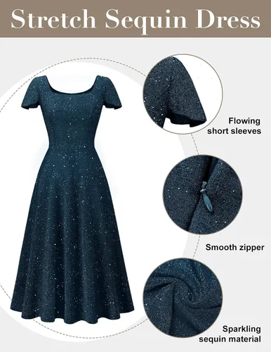 Vista 5 de BeryLove Vestido de fiesta formal de lentejuelas para adolescentes, vestido de fiesta formal de manga corta para boda, cóctel, vestido de noche