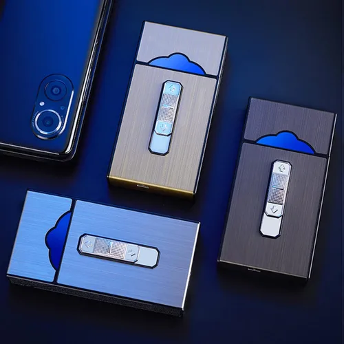 Vista 3 de Caja de cigarrillos de aluminio con encendedor eléctrico, encendedor USB recargable, regalo para mujeres, hombres, padre, madre (negro)