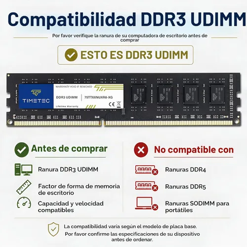 Vista 4 de Timetec Hynix Módulo de memoria grado A, IC, de 1600 megahercios, (PC3 12800), no ECC, sin memoria intermedia, CL11 de 1.35/1.5 voltios, con 240