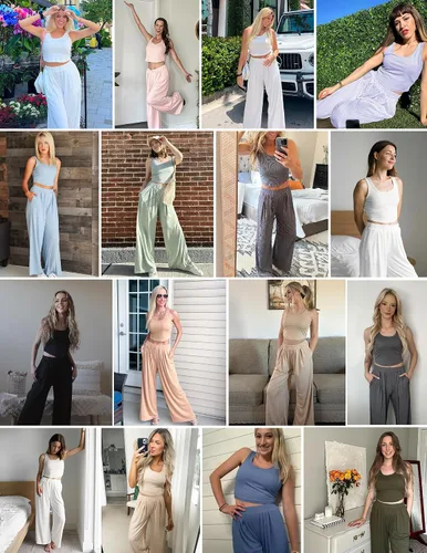 Vista 5 de Ekouaer Conjunto de descanso de 2 piezas para mujer, camiseta corta de punto acanalado, pantalones de pierna ancha con bolsillos S-XXL