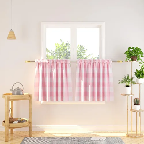 Vista 222 de Cenefas de cortina para ventana de 16 pulgadas de largo, 2 paneles de cuadros búfalo, cortinas pequeñas con bolsillo para barra, estilo clásico