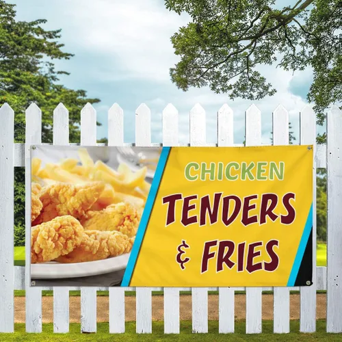 Vista 5 de Vinyl Banner Multiple Sizes Chicken Tenders & Fries B Restaurant & Food Outdoor Weatherproof Industrial Yard Signs Orange 4 Grommets 12x30Inches