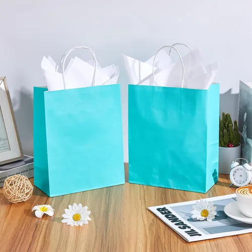 Vista 6 de DjinnGlory Paquete de 24 bolsas de regalo de papel azul turquesa de tamaño mediano con asas de 10 x 8 x 4 pulgadas y 24 papel de seda para Verde