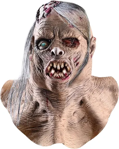 Vista 5 de Pigmiss Máscara de zombi aterrador de Halloween, espeluznante y realista, máscara facial de anciano con peluca larga, de terror, cabeza completa