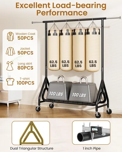 Vista 2 de Perchero de Ropa Resistente, Perchero de Ropa de Metal con Capacidad de 450 Libras, Percheros Rodantes para Colgar Ropa con Ruedas Bloqueables