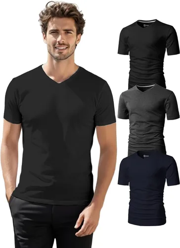 Vista 14 de H2H Camisetas para hombre - Pack de varias unidades, diseño simple, manga corta, ajuste delgado, mezcla de algodón (cuello en V/cuello redondo)