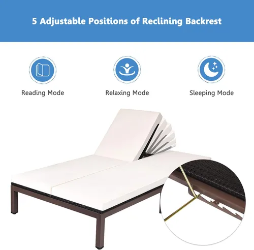 Vista 4 de DORTALA Silla reclinable de ratán para 2 personas con ruedas y cojín, sillón de mimbre doble con respaldo ajustable, juego de conversación de Blanco