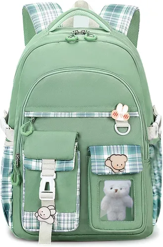 Vista 14 de PRLINJSK Mochila para niñas, mochila escolar linda para niñas, niños y adolescentes, mochila Kawaii para primaria, Negro, Mediana, Mochilas