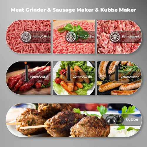 Vista 2 de Picadora de carne eléctrica de 3200 W, control táctil digital, comercial, resistente, molinillo de carne y relleno de salchichas, kit Kubbe para uso