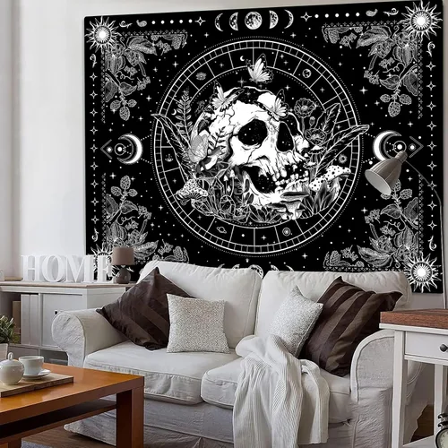 Vista 5 de Aipon Tapiz de esqueleto en blanco y negro para dormitorio, tapiz de calavera, setas, tapices hippie, plantas naturales, flores florales, tapiz