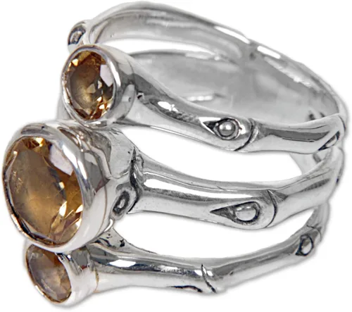 Vista 4 de NOVICA Rocío de bambú hecho a mano anillo multipiedra de plata de ley citrina anillos de citrino de 2 quilates para mujer anillo de lapislázuli