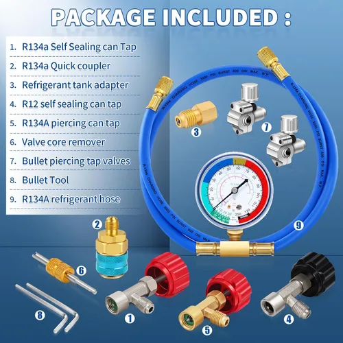 Vista 7 de Manguera de recarga de refrigerante R134a con calibre, kit de recarga de freón para refrigerador A/C R134A con válvulas de perforación de bala