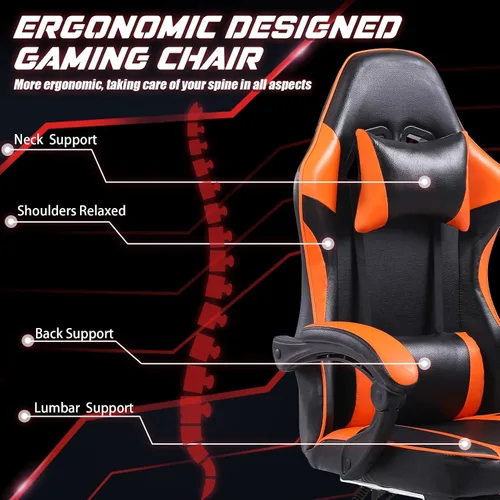 Vista 4 de Gaming Chair for Adults with Footrest & Lumbar Support - High Weight Capacity PU Leather Computer Chair, 360° Swivel, Orange