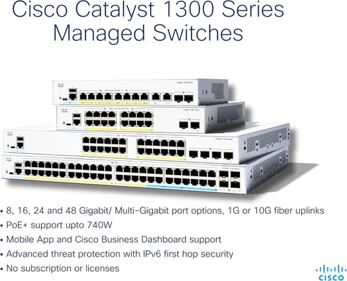 Vista 3 de Cisco Catalyst 1300-8FP-2G - Interruptor gestionado, 8 puertos GE, PoE completo, combo 2x1GE, protección limitada de por vida (C1300-8FP-2G)