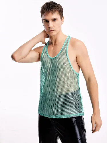 Vista 4 de WDIRARA Camiseta sin mangas de malla con cuello redondo para hombre