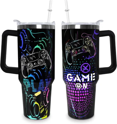 Vista 15 de Sunmdecor Vaso de 40 onzas con asa y pajitas de silicona, vaso aislado de café con asa, vaso de 40 onzas con asa