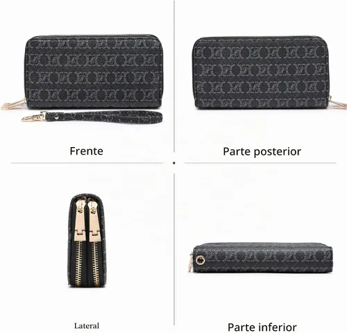 Vista 8 de Women's Double Zip Around Wallet Long Wristlet Purse with Credit Card Slots Negro