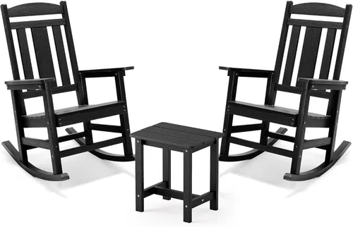 Vista 16 de LUE BONA Mecedora para exteriores, sillas mecedoras de plástico de polietileno resistentes a la intemperie, 350 lb de servicio pesado, de gran Negro