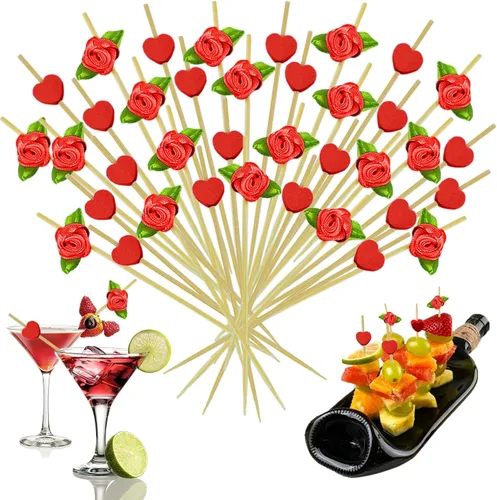 Vista 7 de Paquete de 100 palillos de dientes elegantes para aperitivos de 4.7 pulgadas de largo, palillos de cóctel de bambú de 4.7 pulgadas de largo, corazón