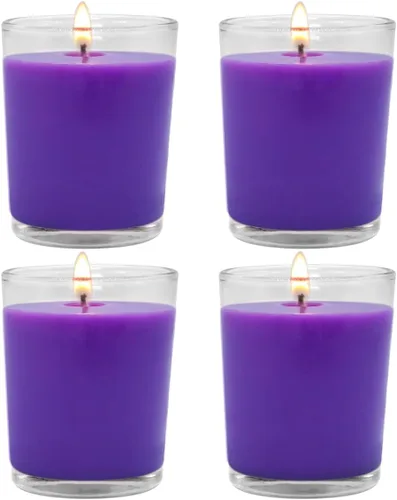 Vista 11 de Juego de 4 velas votivas verdes para Navidad y día de San Patricio, velas de cera de soja sin perfume rellenas de vidrio transparente