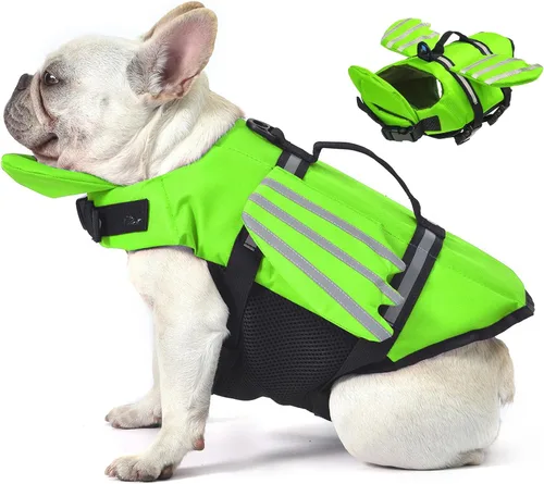 Vista 13 de Petglad Chaleco salvavidas para perro, chaleco salvavidas ajustable con alas lindas con flotador de barbilla y asa, para nadar, navegar, chaleco Azul