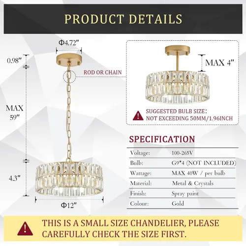 Vista 2 de CATINER Candelabros pequeños de cristal dorado, candelabro moderno de montaje semiempotrado con 4 luces de tambor de cristal, accesorio de luz