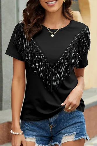Vista 4 de PESION Camisas de manga corta con flecos para mujer, blusa con ribete de borlas