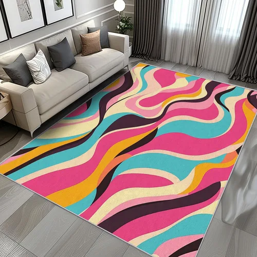 Vista 3 de Alfombra abstracta colorida de 2 x 3 pulgadas, lavable con rayas onduladas para entrada, dormitorio, cocina, alfombra retro de los años 70
