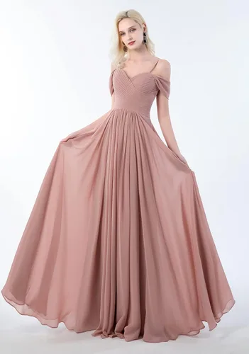 Vista 3 de Vestidos largos de dama de honor con hombros descubiertos para mujer, con bolsillos, acampanados, plisados, de gasa, vestidos formales de fiesta