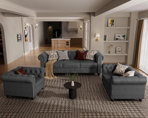 Vista 23 de Morden Fort - Juego de sillas y sofá Chesterfield clásico, con reposabrazos acolchados y patas de madera maciza, sofá cama para mascotas, cómodo
