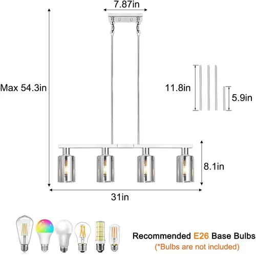 Vista 5 de Iluminación de isla de cocina de 4 luces, lámpara cromada para comedor, luz de isla para colgar sobre la mesa para candelabros lineales de granja
